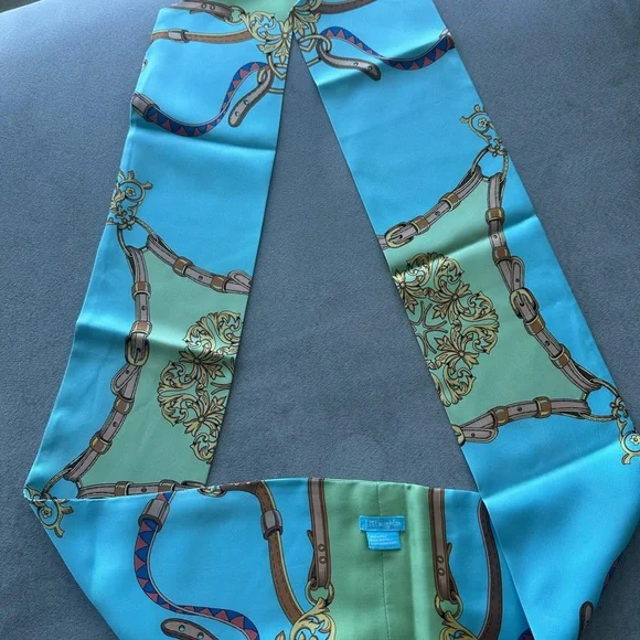J. McLaughlin Aqua and Mint Silk Scarf Wrap with Chain Motif - Picture 4 of 4